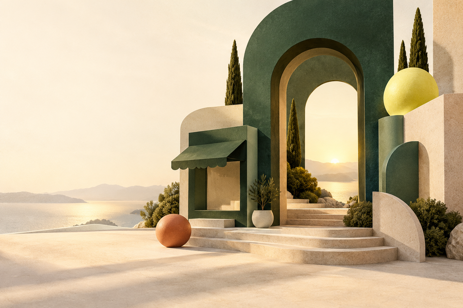 Sculptural forest-green arch opening toward a sunlit horizon